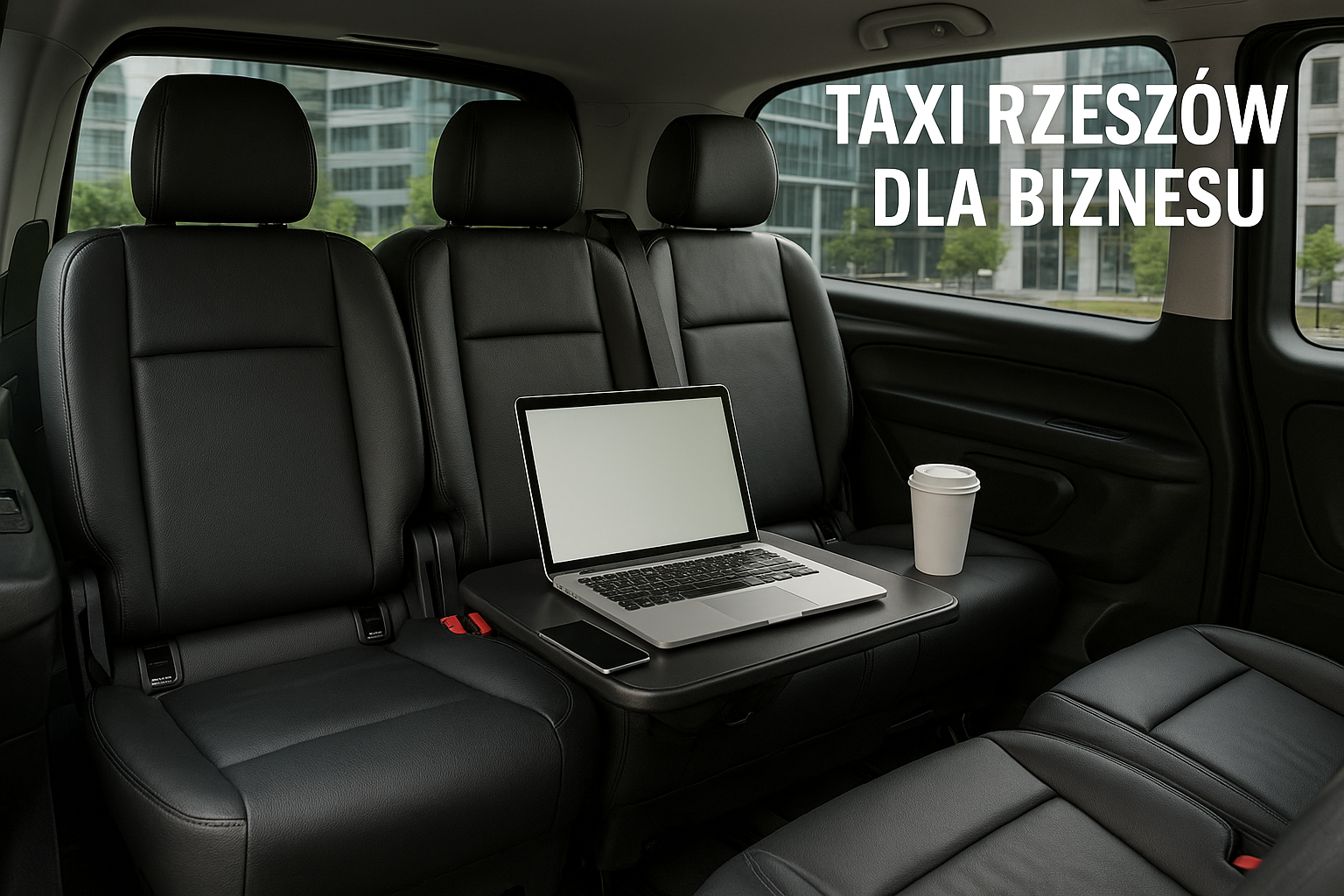 Wnętrze luksusowego samochodu taxi w Rzeszowie z rozkładanym stolikiem, laptopem i kawą – oferta biznesowa dla klientów